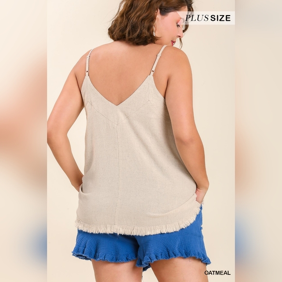 Cute Linen Blend V-Neck Tank Top w Ruffle Hem & Adjustable Spaghetti Straps - Picture 9 of 13